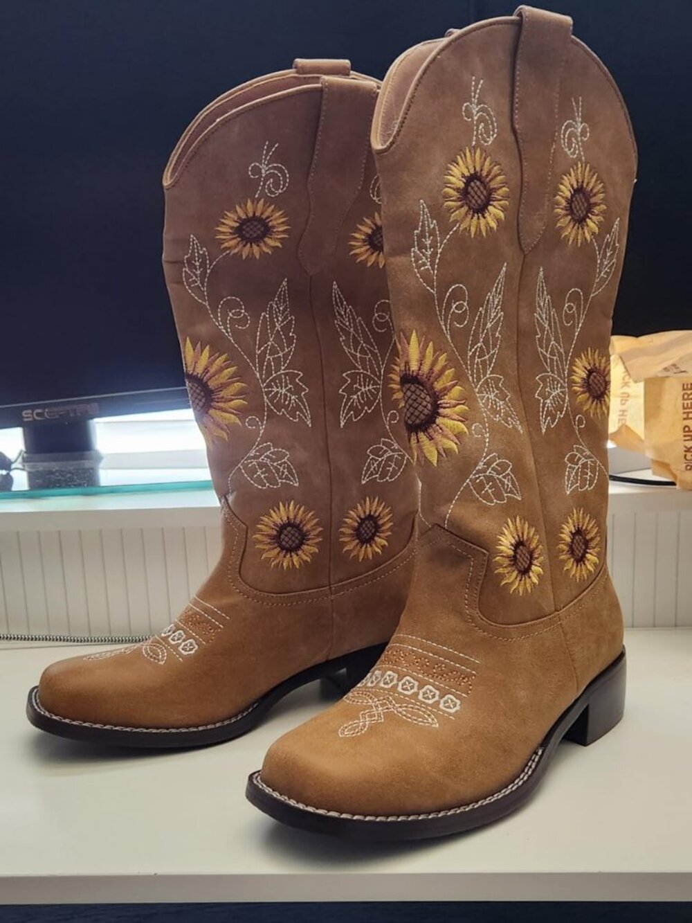 Women's Yellow Embroidered Western Cowboy Boots Floral Mid Calf Block Heel